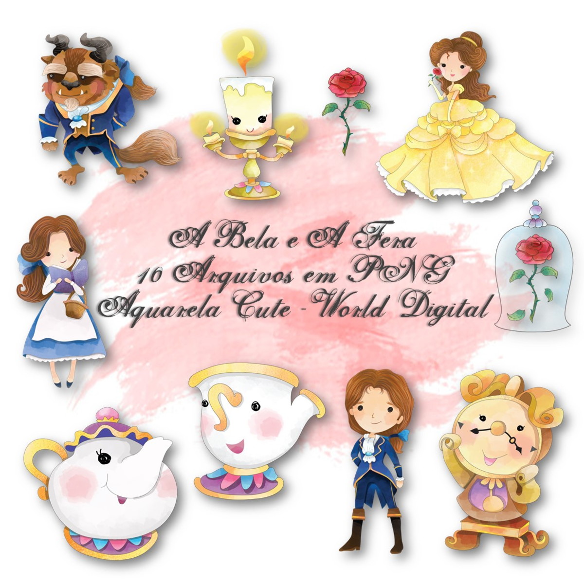 Kit Arquivo Digital em PNG Aquarela Cute A Bela e A Fera