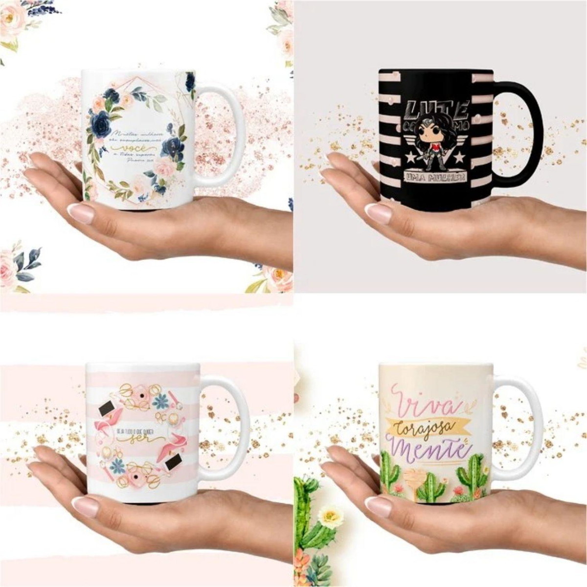 Kit com 4 Artes para Canecas em Png Dia da Mulher