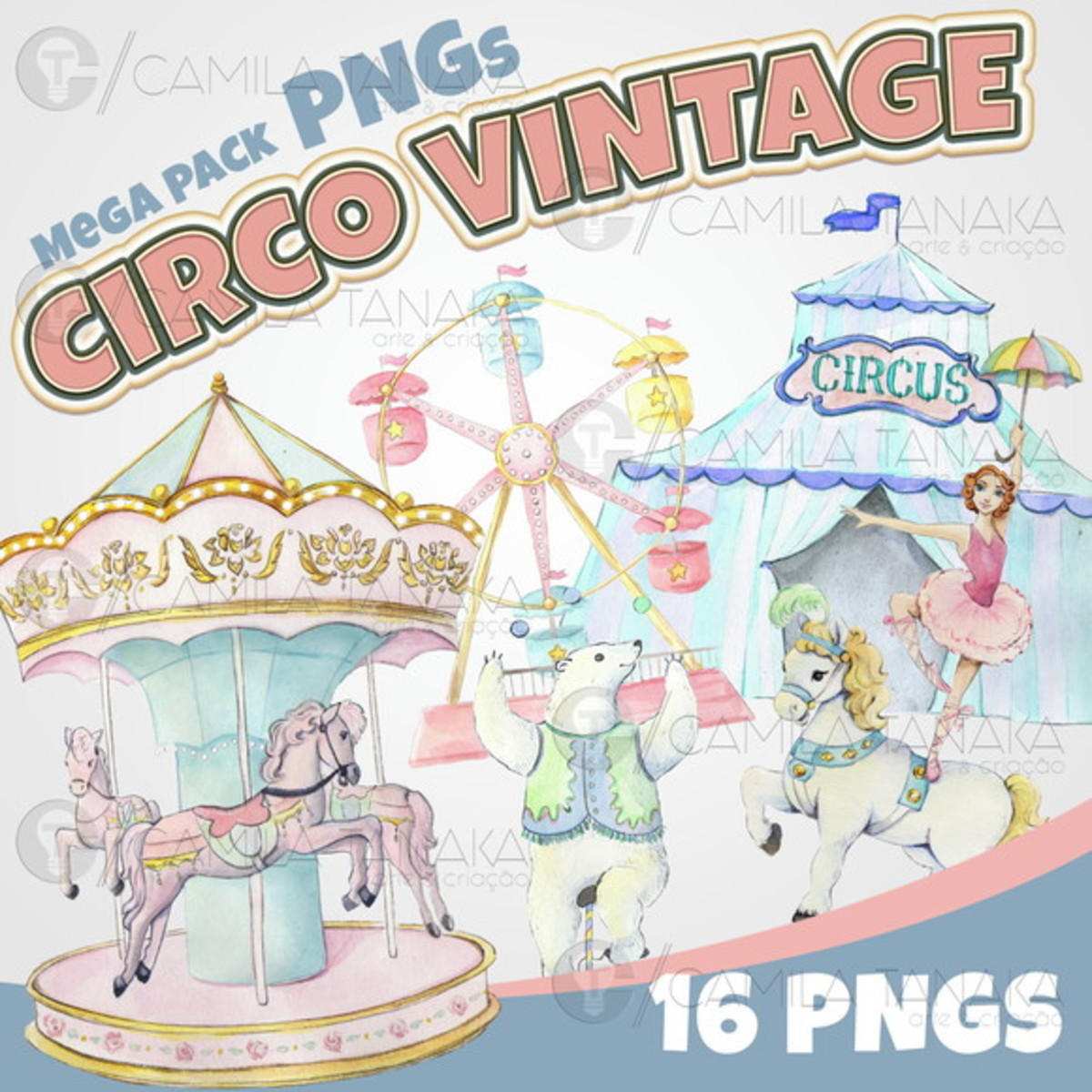 Kit Digital Png Circo Vintage Aquarela (pague 1 Leve 3)