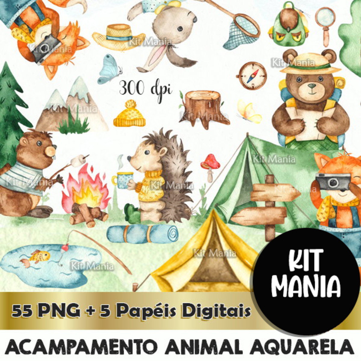 Kit Digital Acampamento Animal Aquarela