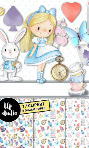 KIT DIGITAL ALICE NO PAÍS DAS MARAVILHAS AQUARELA