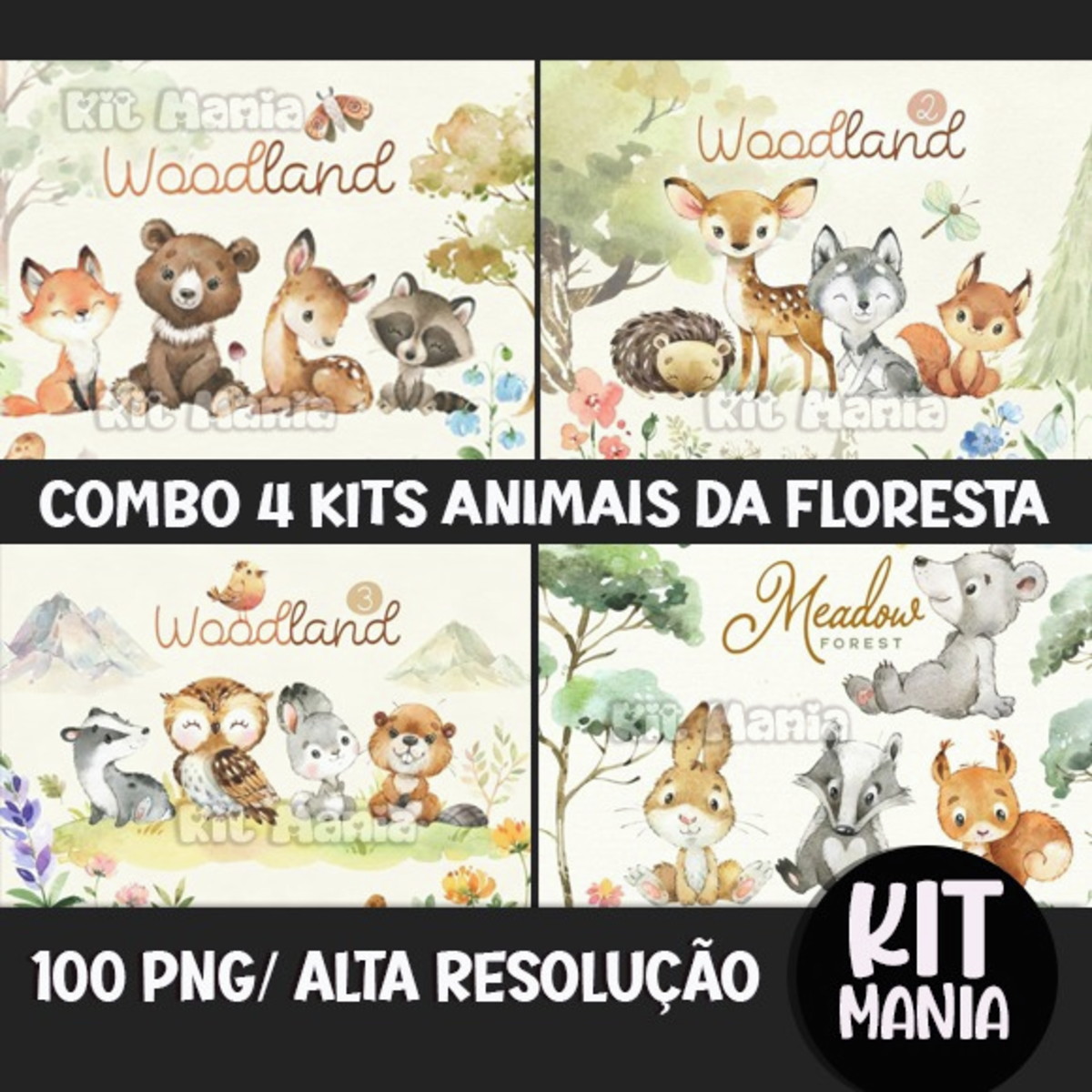 Kit Digital Animais da Floresta Aquarela - Combo