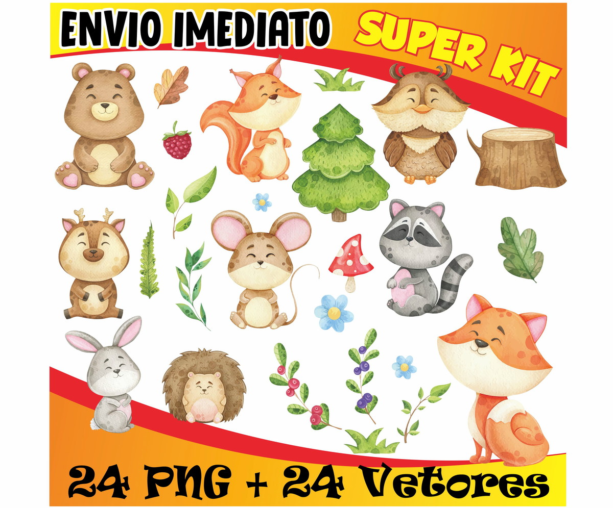 KIT DIGITAL ANIMAIS DO BOSQUE AQUARELA + VETORES