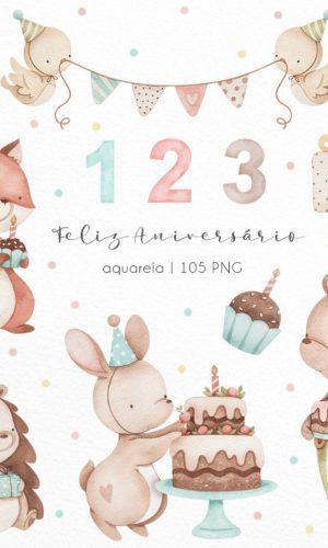 Kit Digital - Feliz Aniversário Aquarela