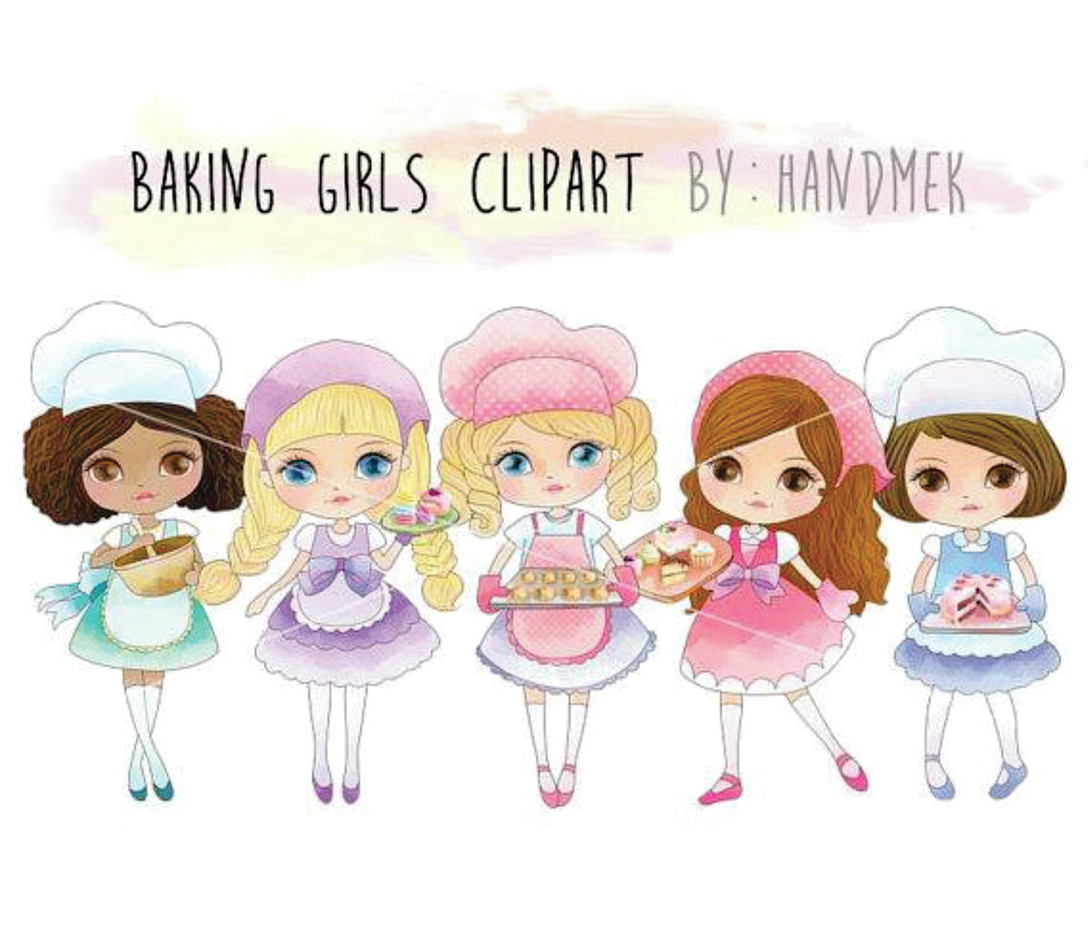 Kit digital aquarelado meninas cozinhando