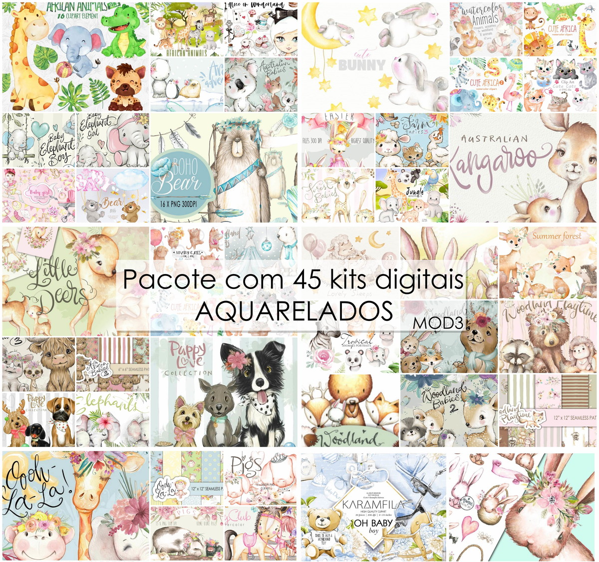 Kit Digital Aquarelados Diversos (pacote com 45 Kits)