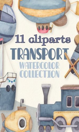 Kit Digital Baby Transportes Aquarela 11 Cliparts
