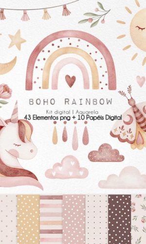 Kit Digital - Boho Rainbow Aquarela