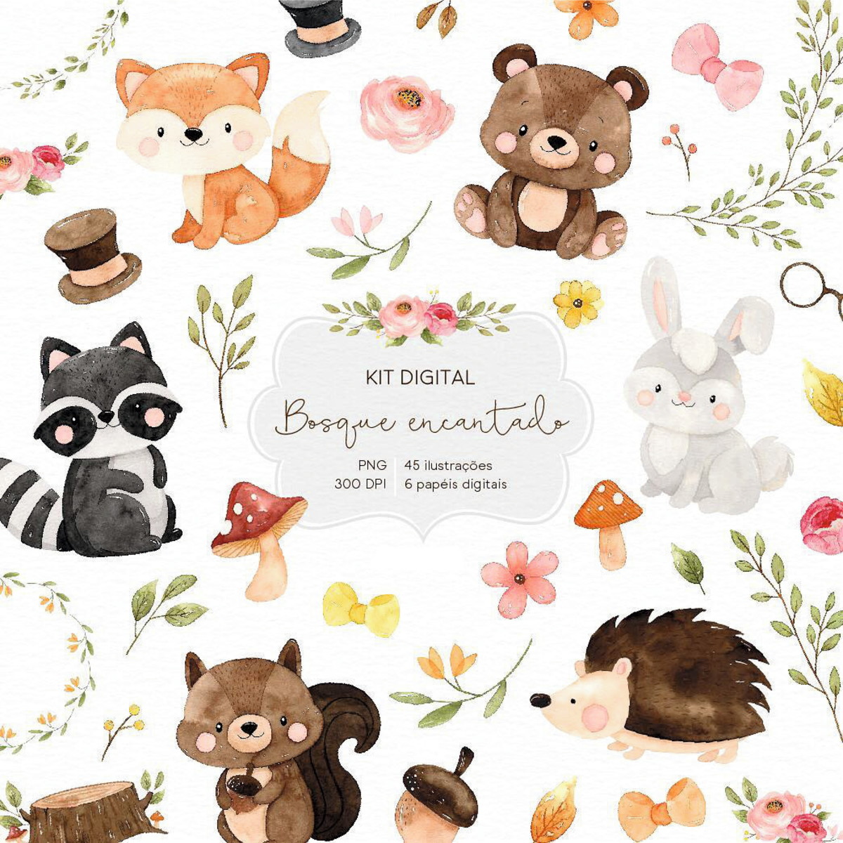 Kit Digital Bosque Encantado Animais Safari Aquarela