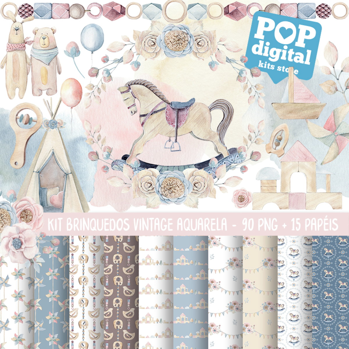 Kit Digital Brinquedos Vintage Aquarela