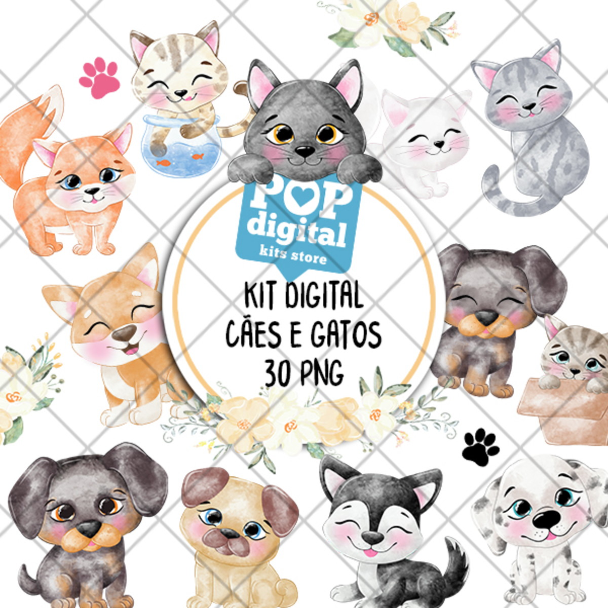 Kit Digital Cães e Gatos Aquarela