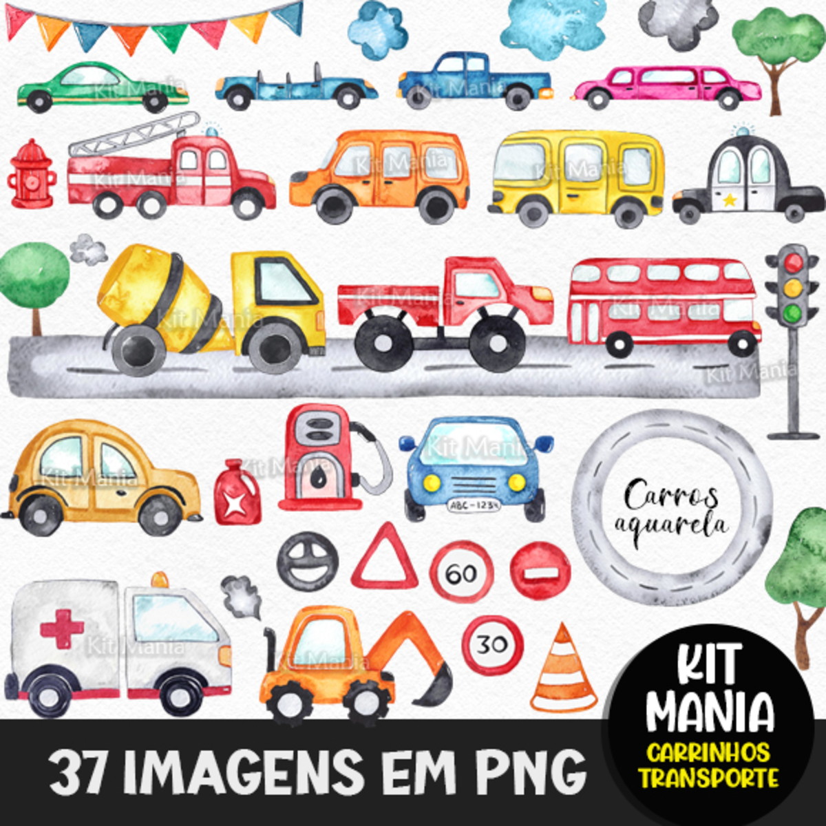 Kit Digital Carrinhos Aquarela