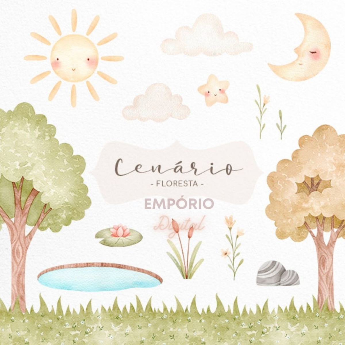 Kit Digital Cenário Floresta Aquarela