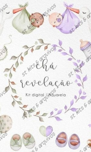 Kit Digital Chá Revelação Verde e Lilás em Aquarela
