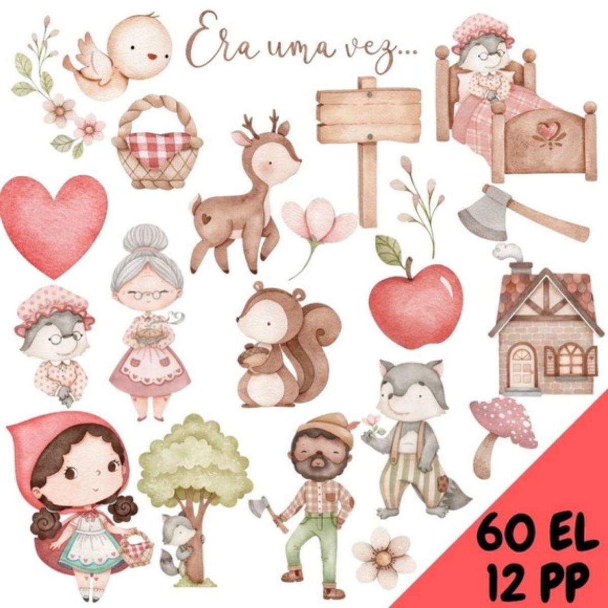 kit Digital Chapeuzinho vermelho aquarela PNG- Scrapbook