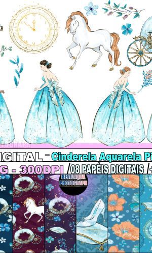 Kit Digital Cinderela Aquarela Pincelado