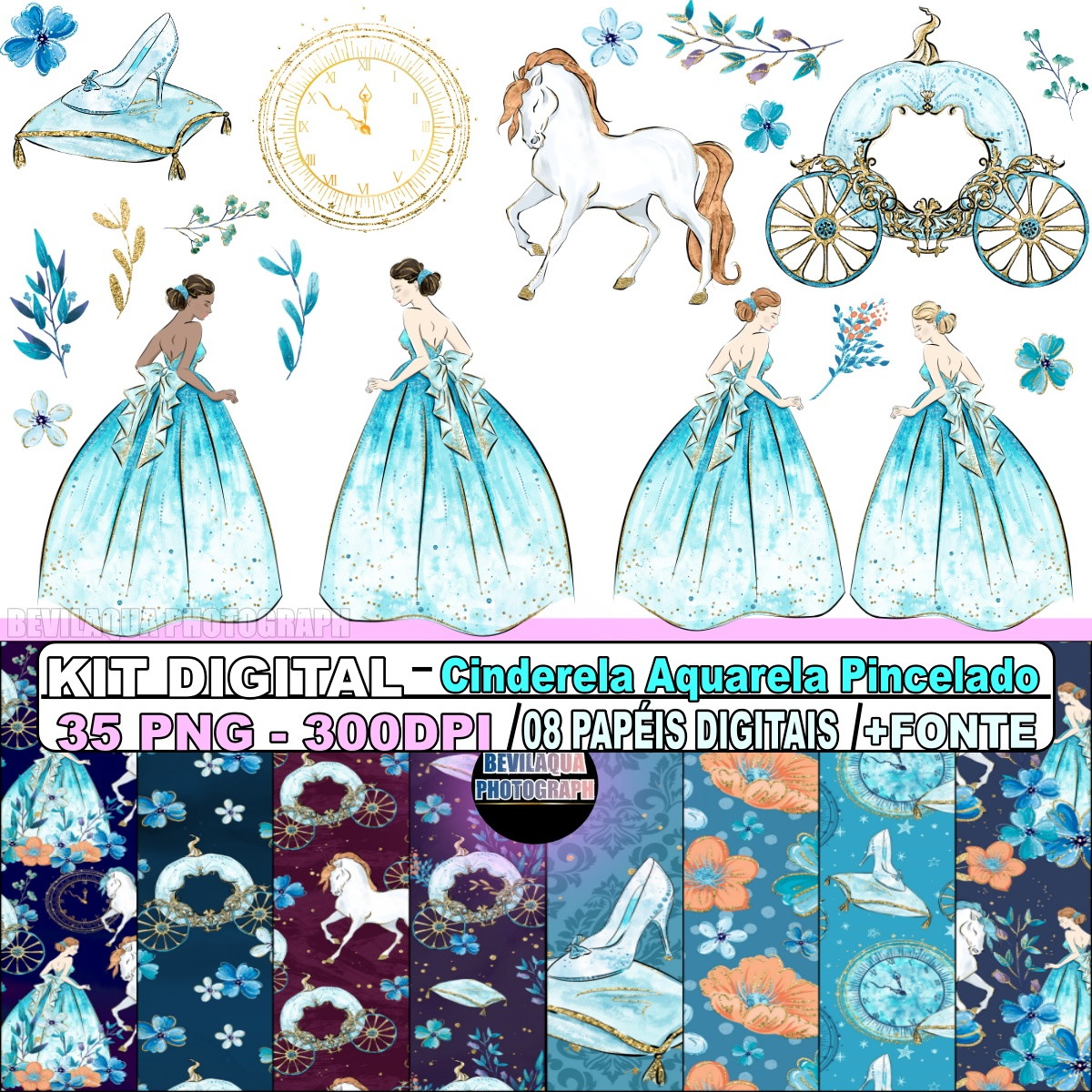 Kit Digital Cinderela Aquarela Pincelado