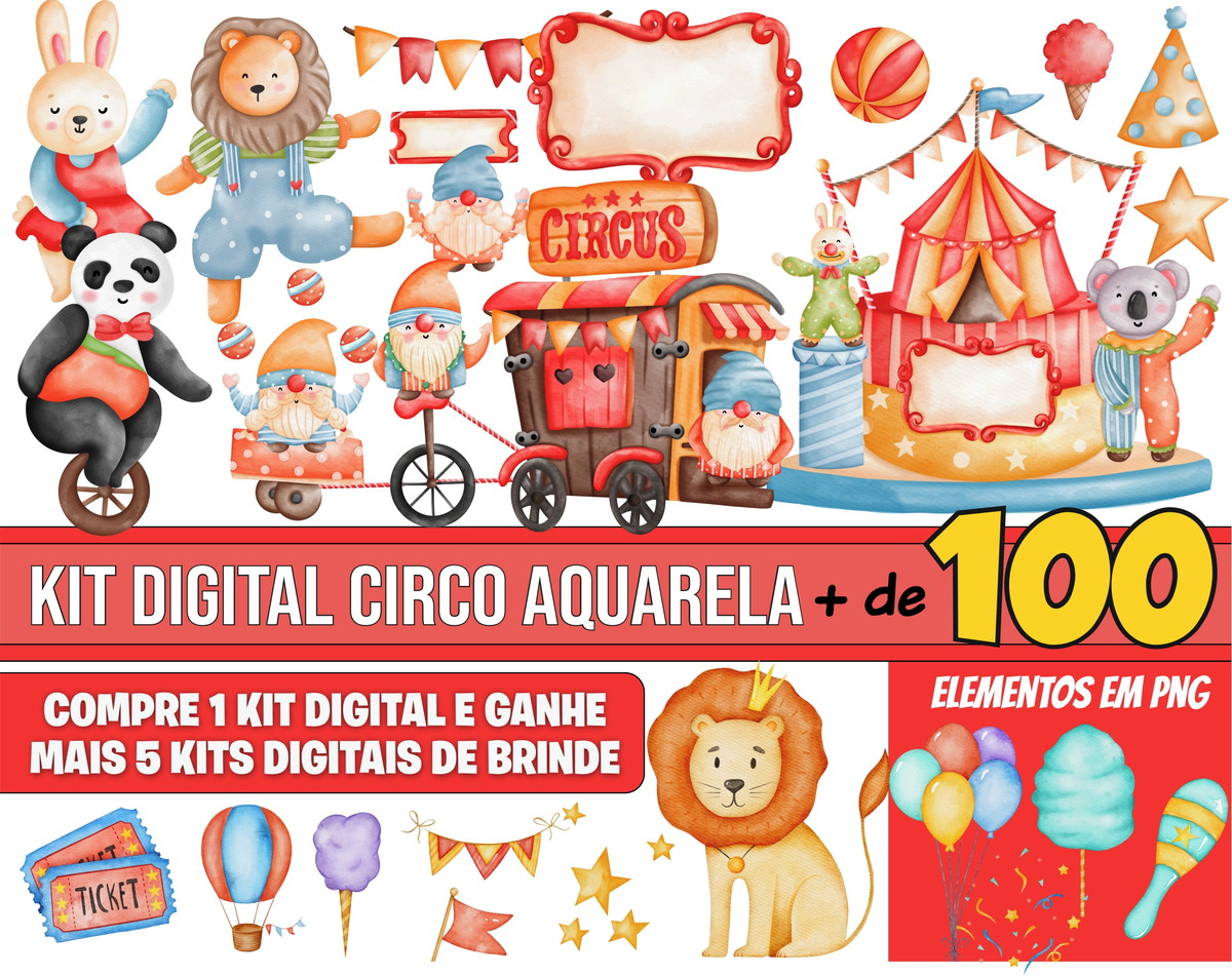 Kit Digital Circo Aquarela -m1 + 5 Kits de Imagens de Brinde