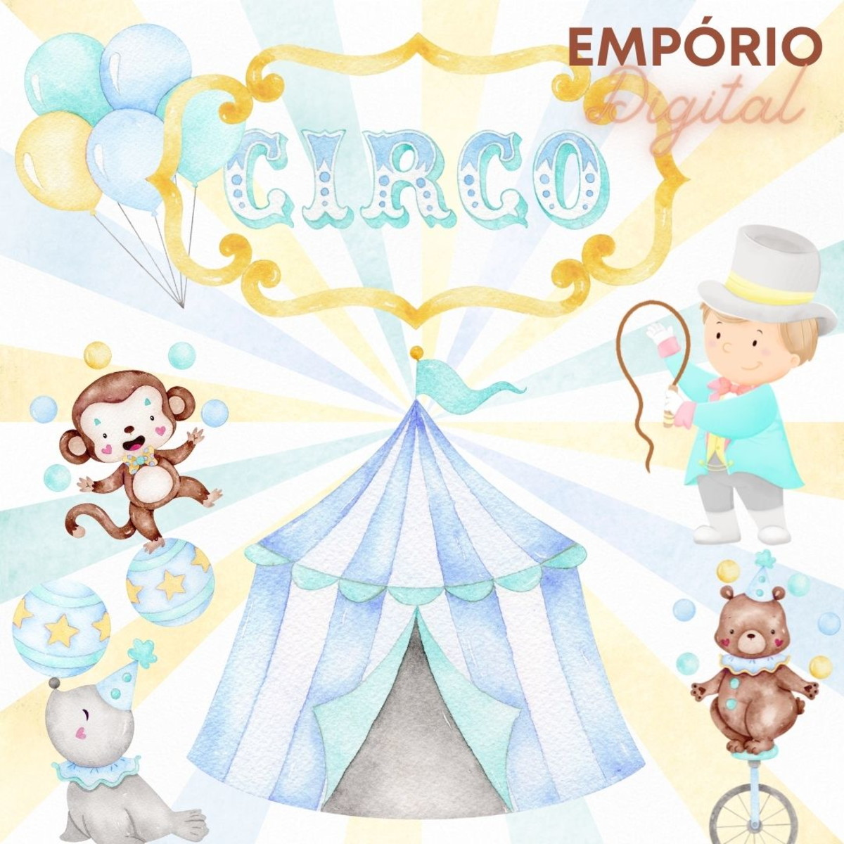 Kit Digital Circo Azul Aquarela
