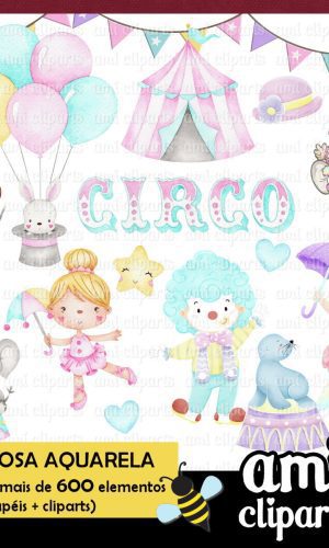 Kit Digital Circo Rosa Aquarela Pack