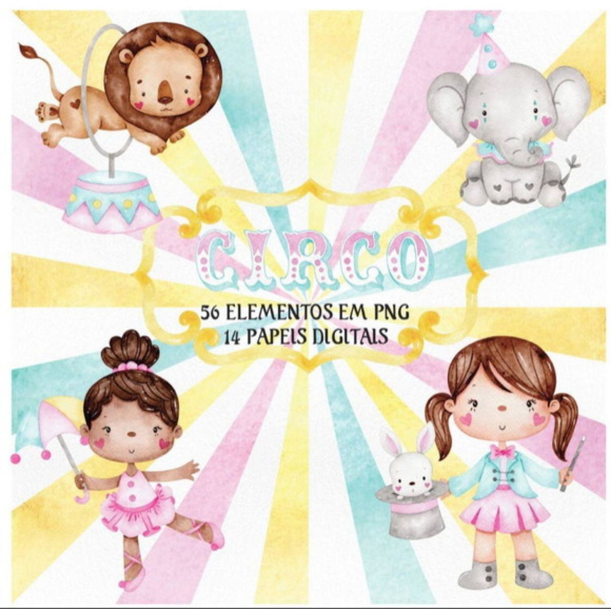 kit Digital Circo Rosa aquarela PNG- Scrapbook