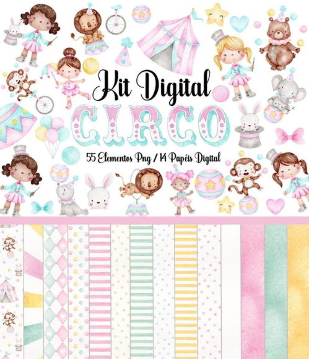 kit Digital Circo Rosa Candy aquarela PNG- Scrapbook