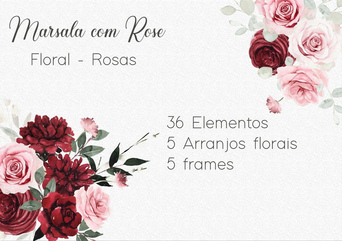 Kit Digital Clipart Floral Marsala com Rose