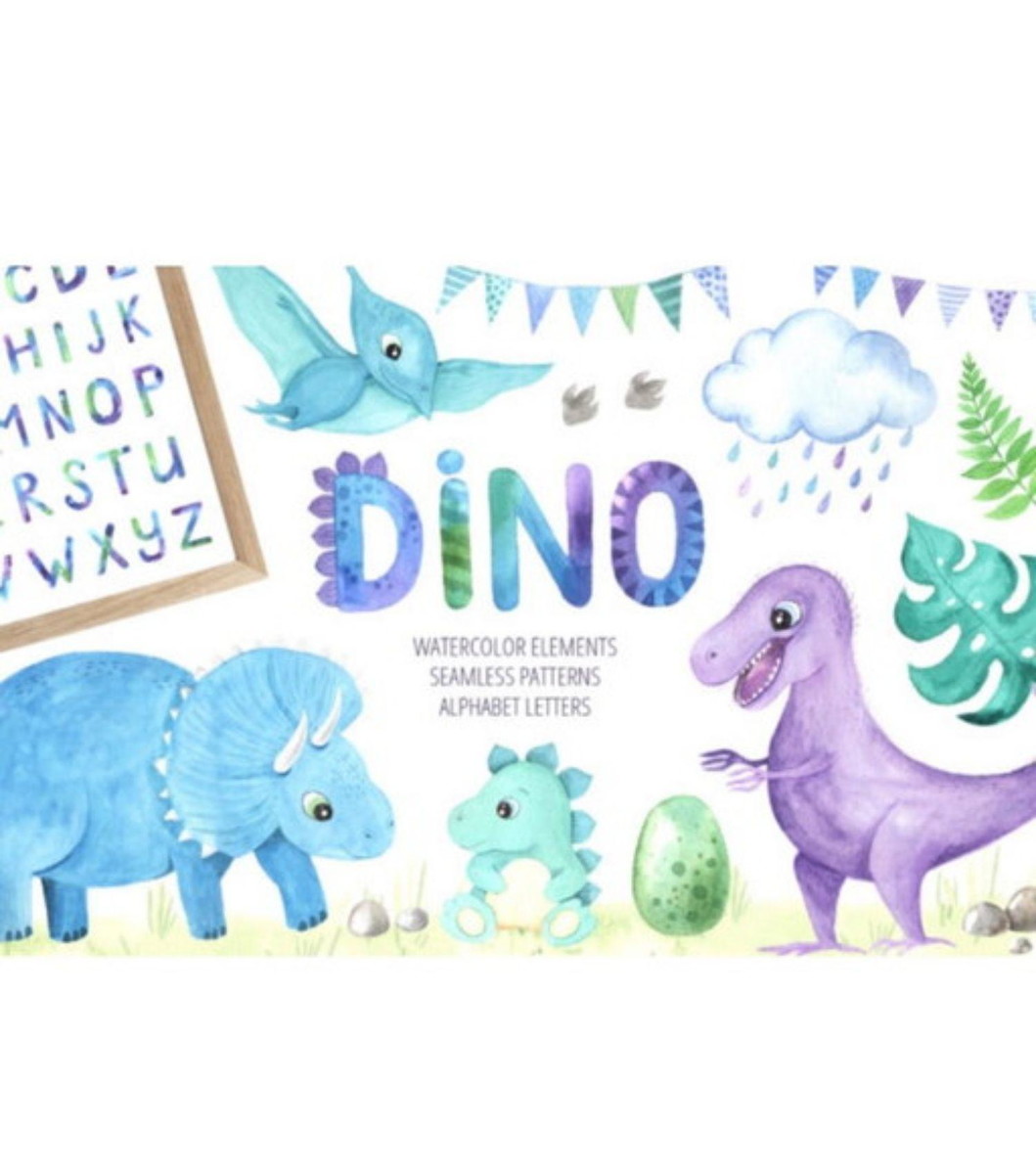 kit Digital Dinossauro aquarelado PNG- Scrapbook
