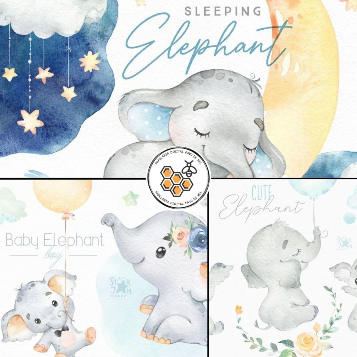 Combo Digital Elefantes Baby Aquarela - 10 Kits Digitais - Imagem 3