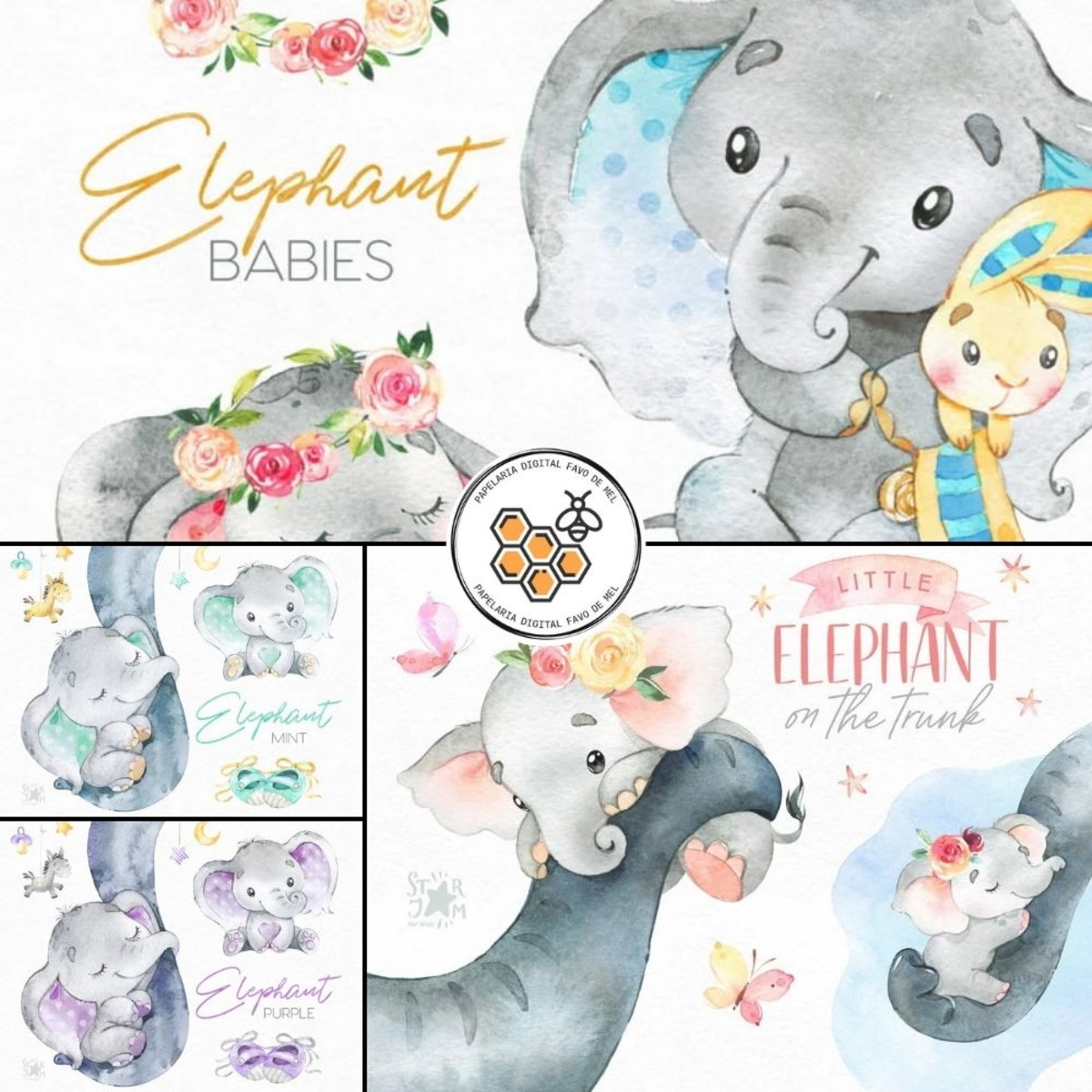 Combo Digital Elefantes Baby Aquarela - 10 Kits Digitais