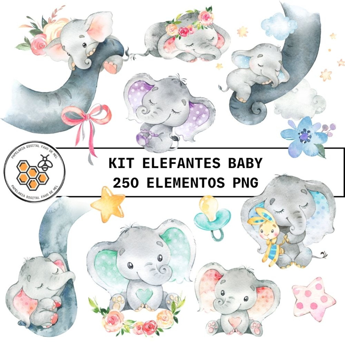 Combo Digital Elefantes Baby Aquarela - 10 Kits Digitais - Imagem 4