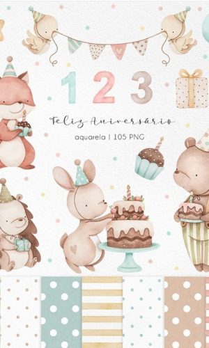 Kit Digital - Feliz Aniversário Aquarela