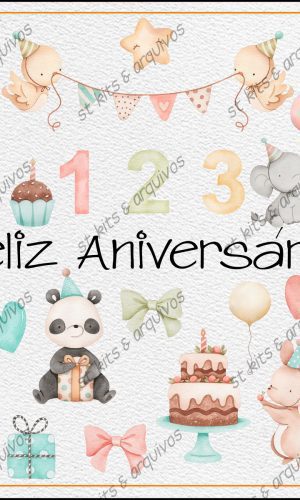 Kit Digital Feliz Aniversário em Aquarela