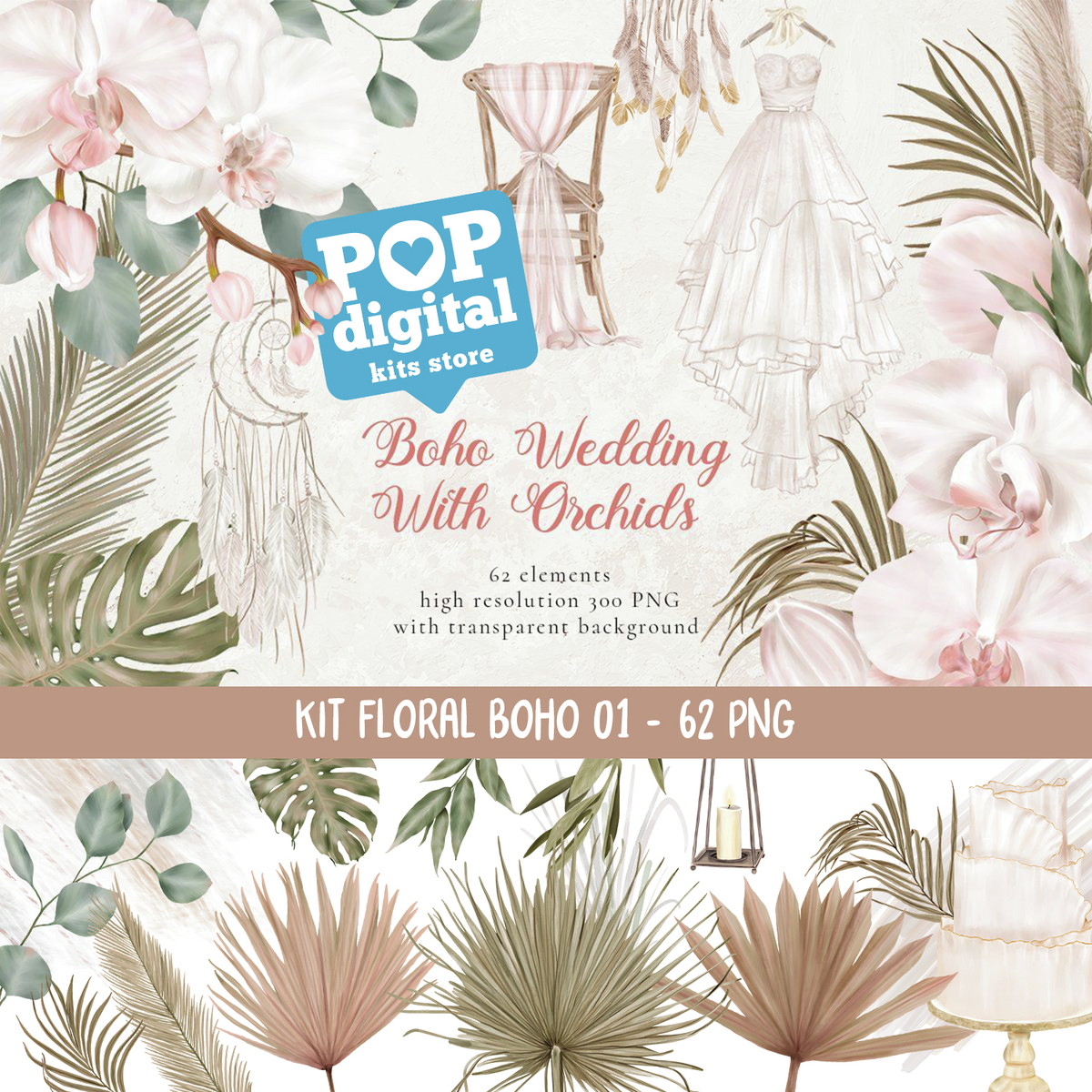 Kit Digital Floral Boho 01 Aquarela