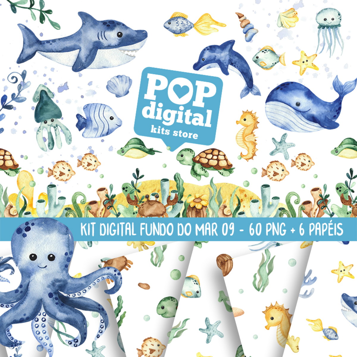 Kit Digital Fundo do Mar 09 Aquarela