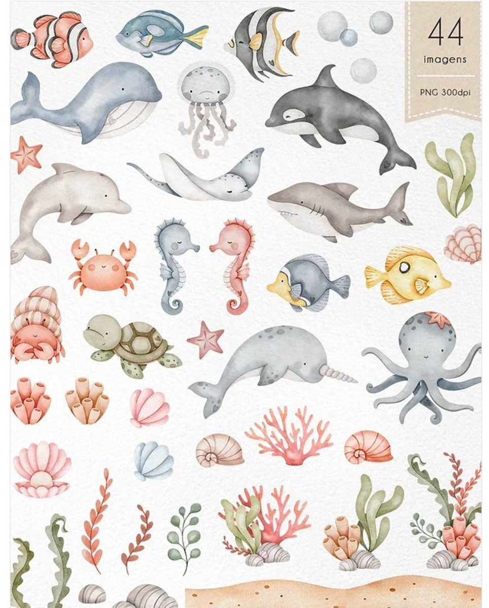 Kit Digital Fundo do Mar Aquarela - Imagem 2