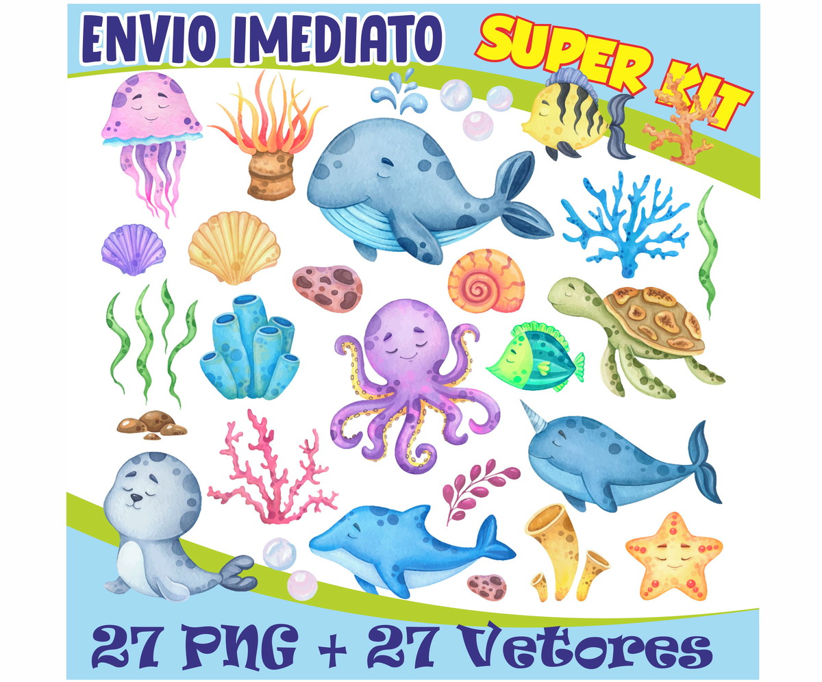 Kit Digital Fundo do Mar Aquarela + 27 Vetores