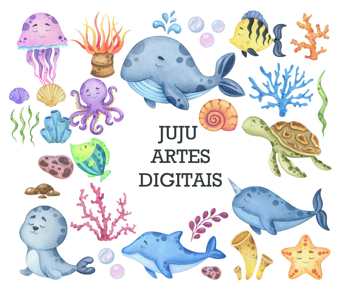 Kit Digital - Fundo do Mar Aquarela (png+vetor)