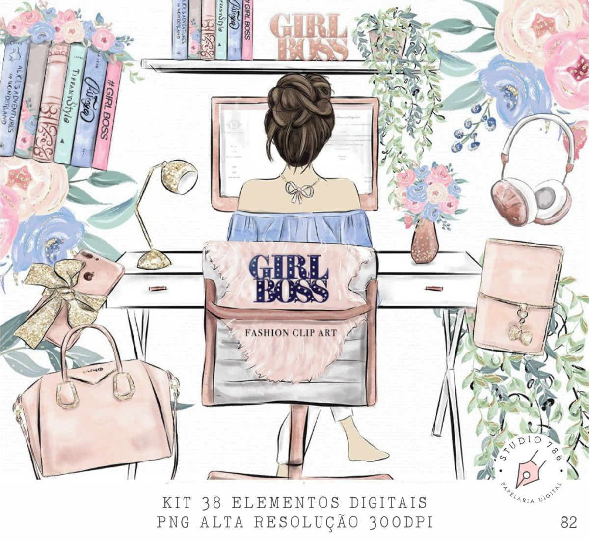 Kit Digital Girl Boss Home Office Aquarela 38 PNG -C.82