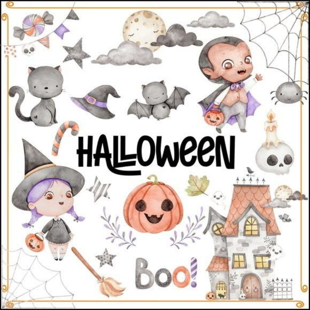 kit Digital Halloween Aquarela PNG- Scrapbook