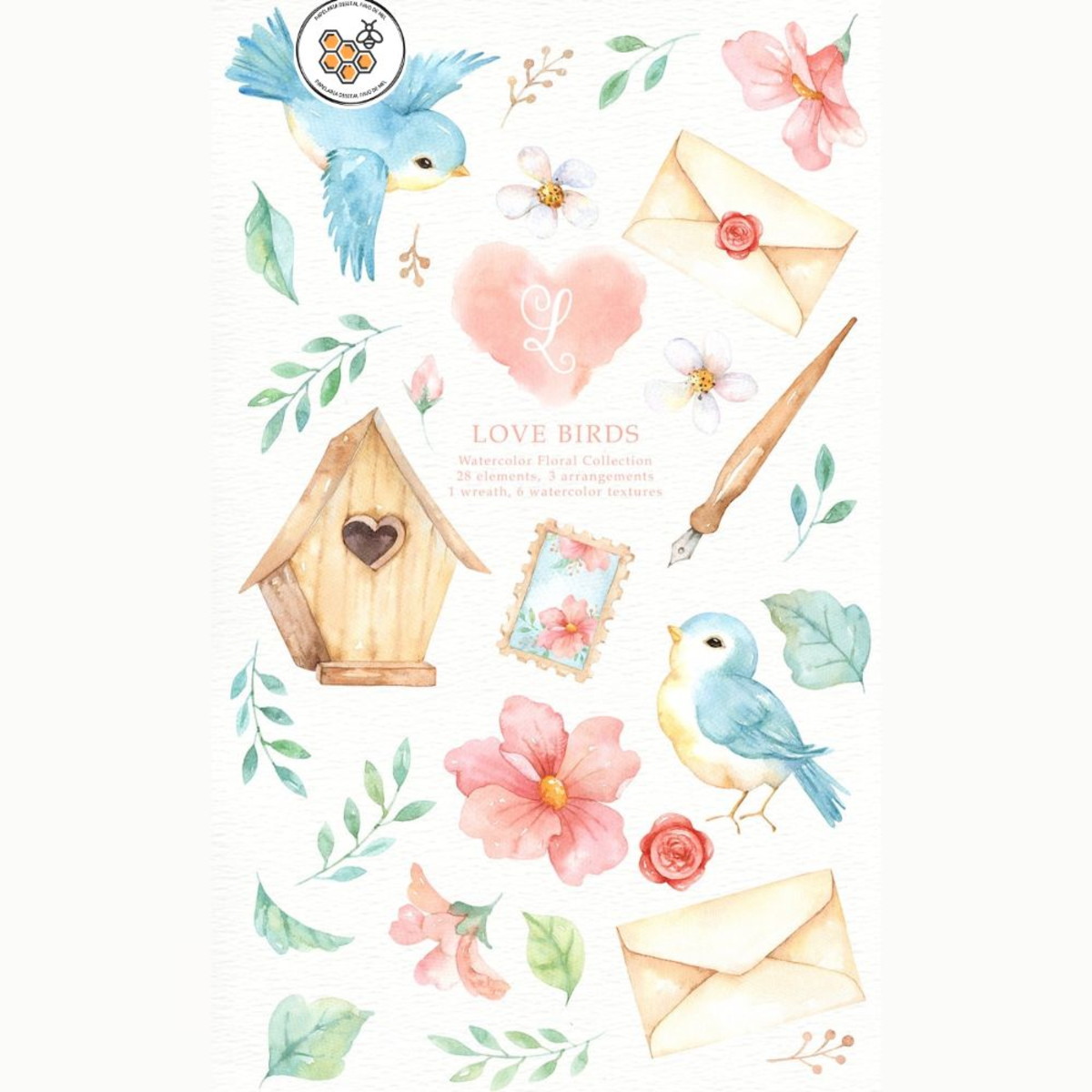 Kit Digital Jardim de Pássaros Aquarela - Love Birds - Imagem 3