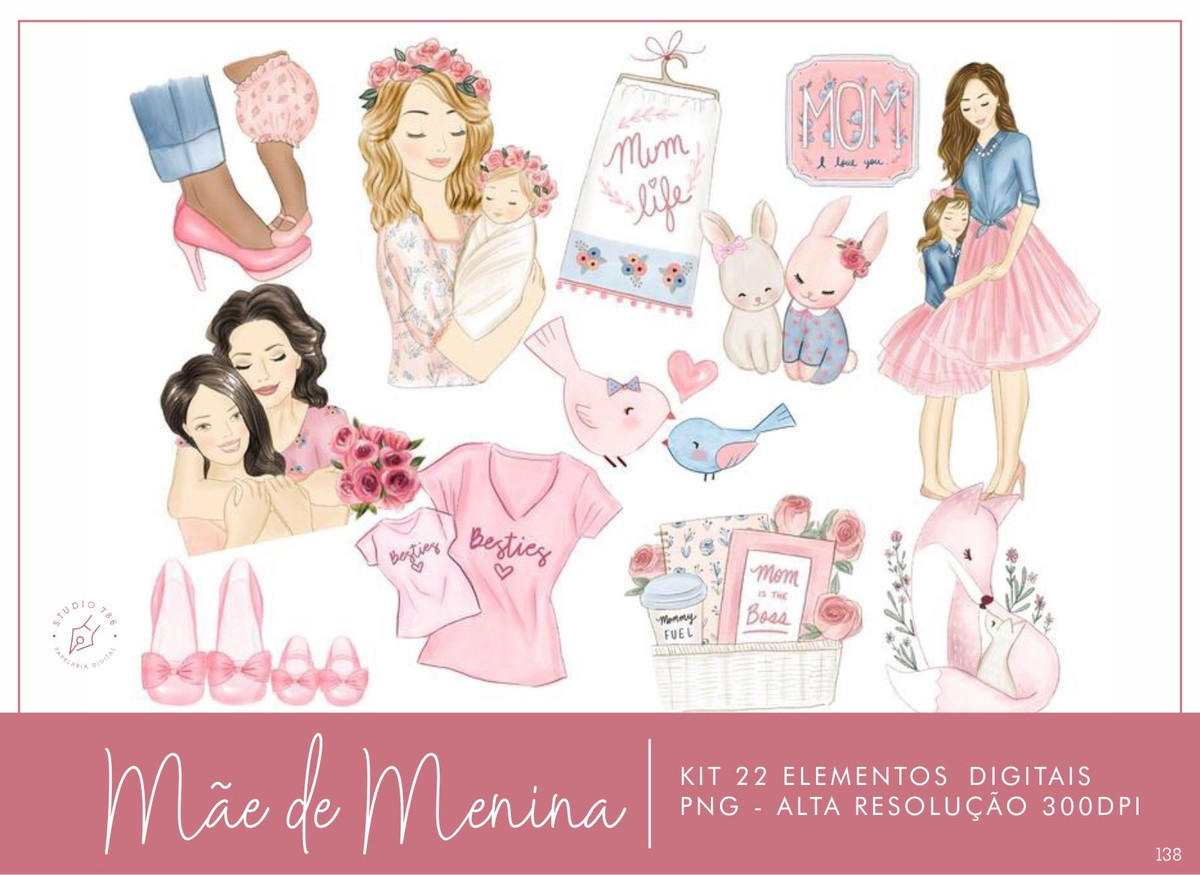 Kit Digital Mãe de Menina Floral Aquarela 22 PNG -C.138