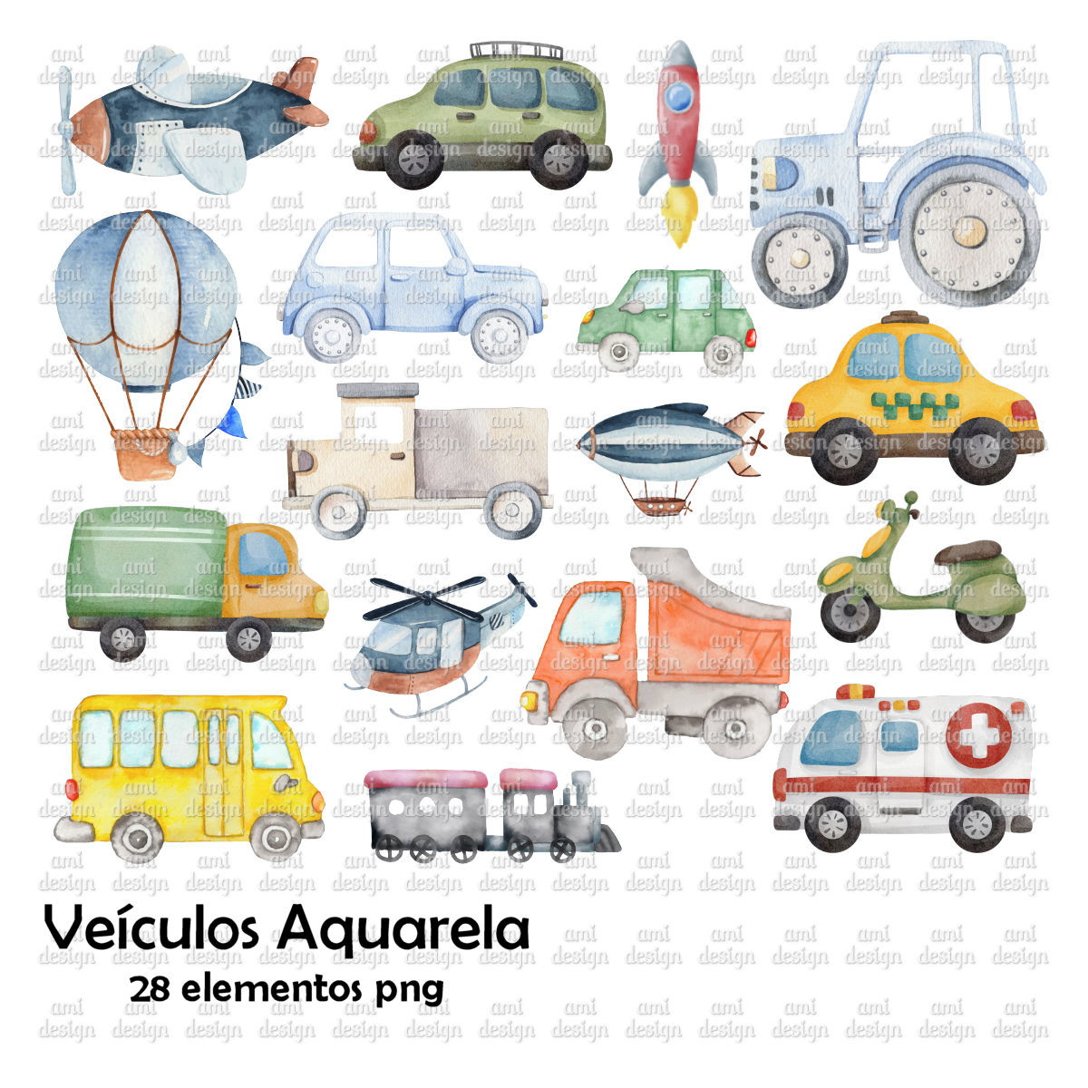 Kit Digital Meios de Transporte Aquarela #01