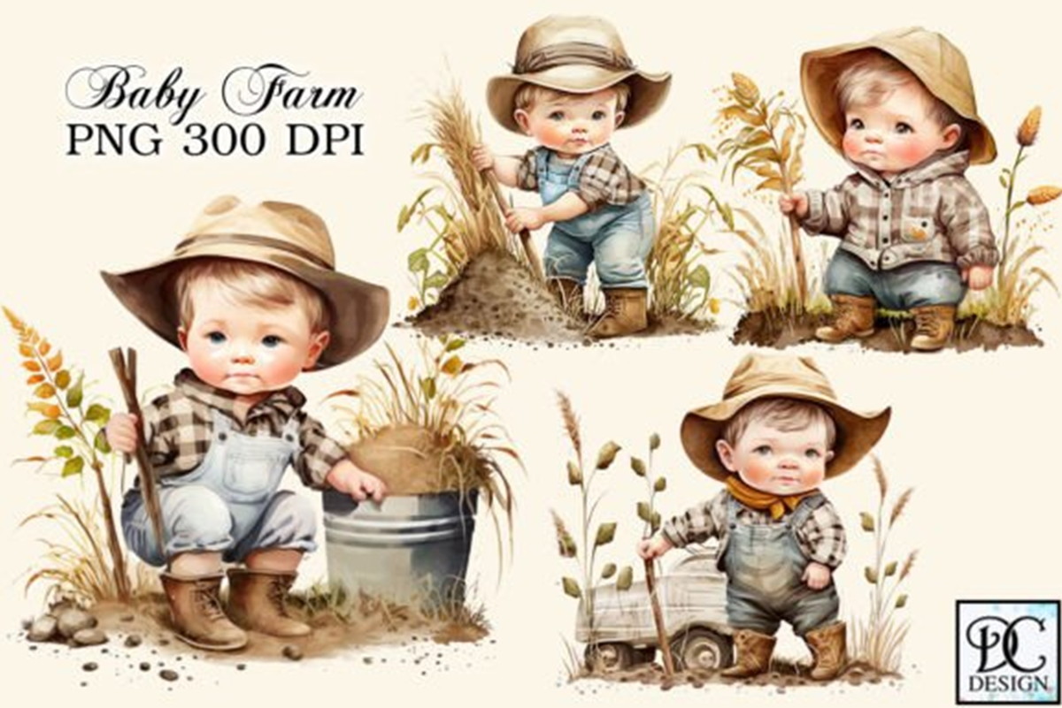 Kit Digital Menino Bebê Fazenda Aquarela 4 Png - Cód.84