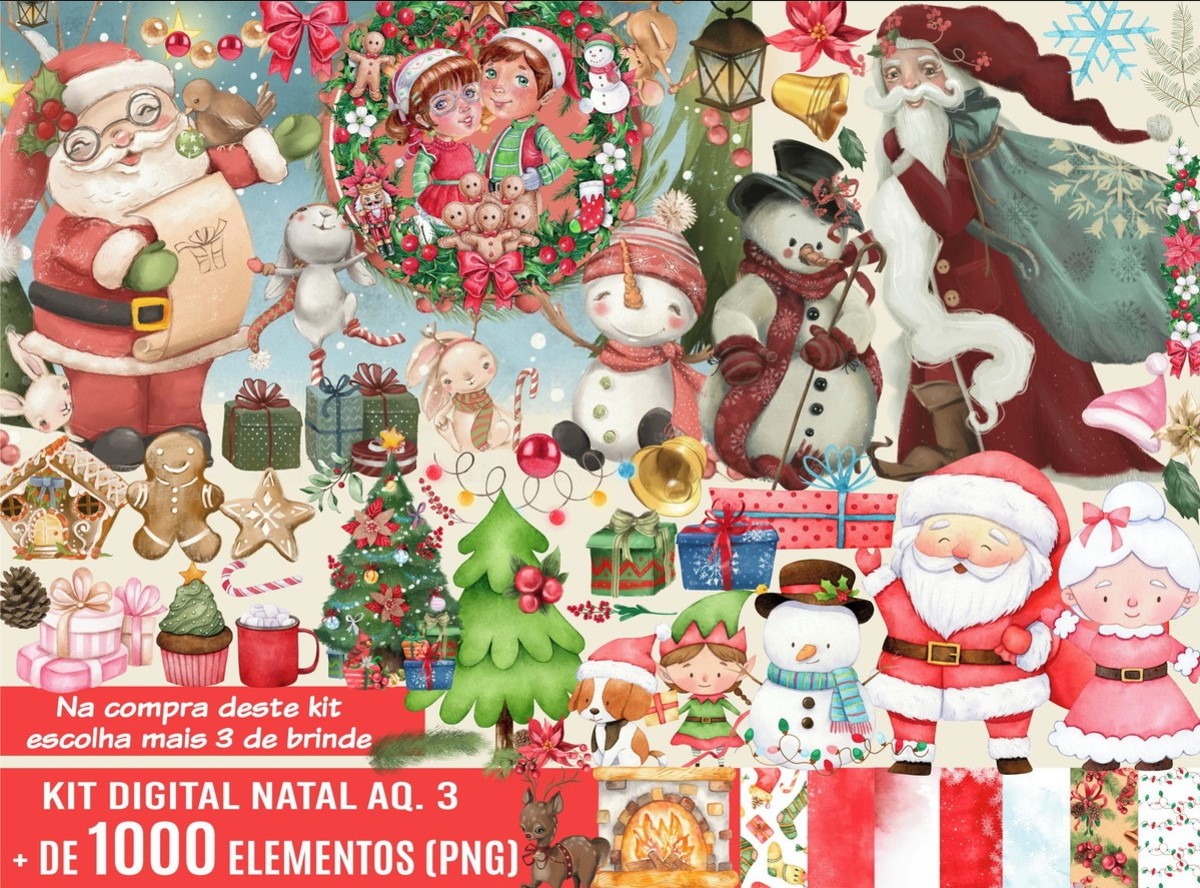 Kit Digital Natal Aquarela Png + 3 Kits de Imagens de Brinde