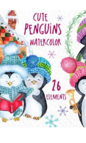 kit Digital Natal Pinguins Aquarelado PNG- Scrapbook