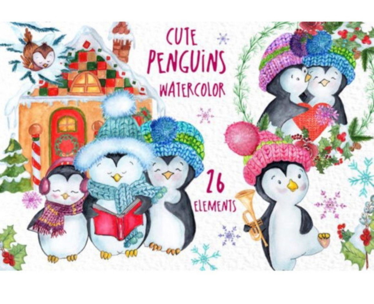 kit Digital Natal Pinguins Aquarelado PNG- Scrapbook