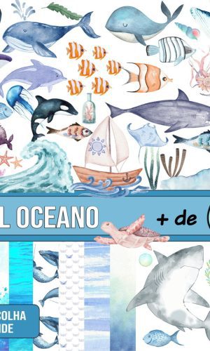 Kit Digital Oceano Fundo do Mar Aquarela + 3 Kits de Brinde