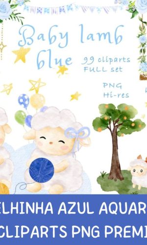 Kit Digital Ovelhinha Azul Aquarela Premium - Baby Lamb Blue