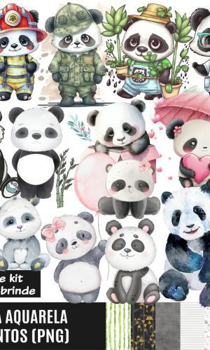 Kit Digital Panda Aquarela + 3 Kits de Imagens de Brinde